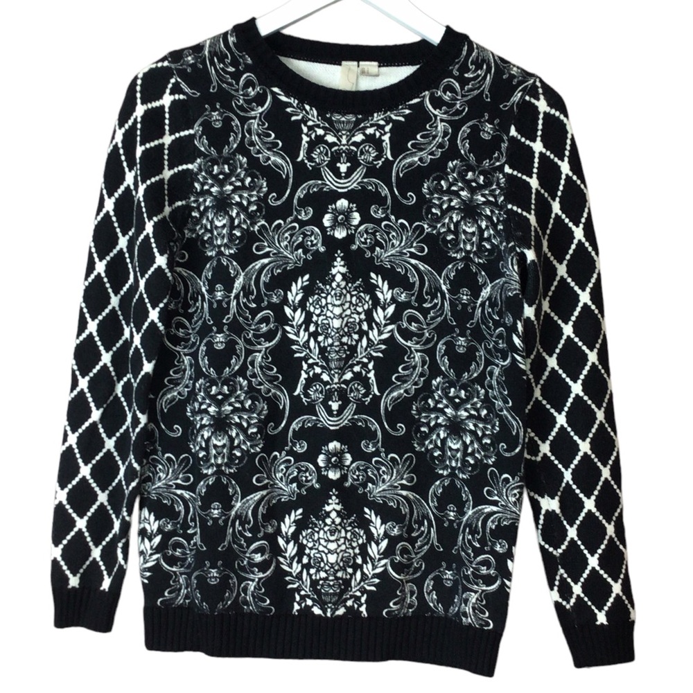 Forever 21 Black White Floral Crewneck Sweater Women Sz S